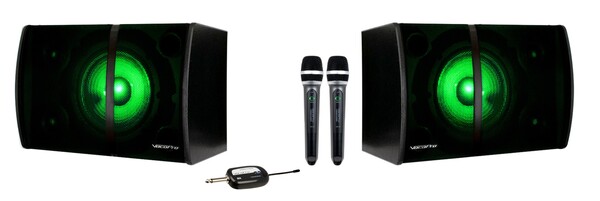 STEREO KARAOKE SYSTEM WITH BLUETOOTH, MP3, FM, LED LIGHT EFFECTS AND TWO WIRELESS VOCAL MICROPHONES
